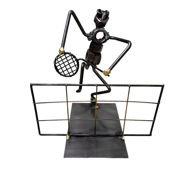 Vintage Metal Sculpture Tennis Player Hand Made Nuts/Bolts Figure Welded - Picture 1 of 8